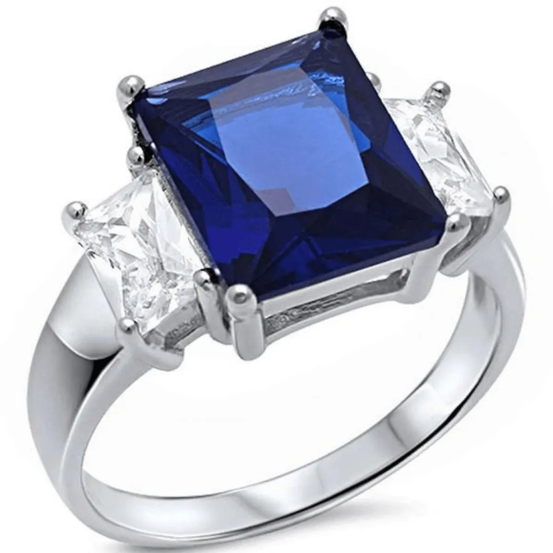 Blue Sapphire Radiant Cut & Baguette Cubic Zirconia Ring