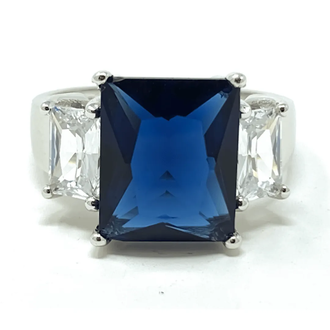 Blue Sapphire Radiant Cut & Baguette Cubic Zirconia Ring