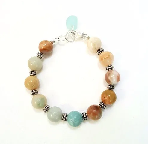 Boho Bracelet With Aqua Sea Glass And Stones