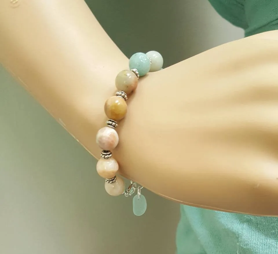 Boho Bracelet With Aqua Sea Glass And Stones