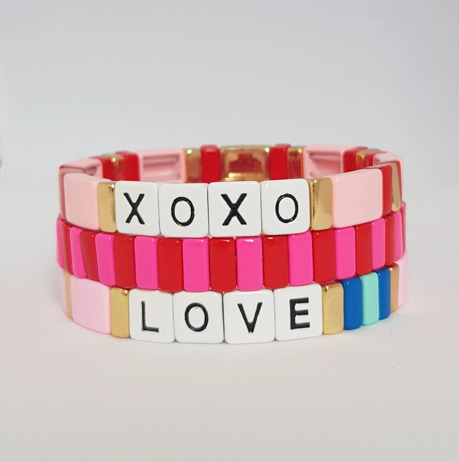 Boho XOXO Tile Bracelet | Red x Pink