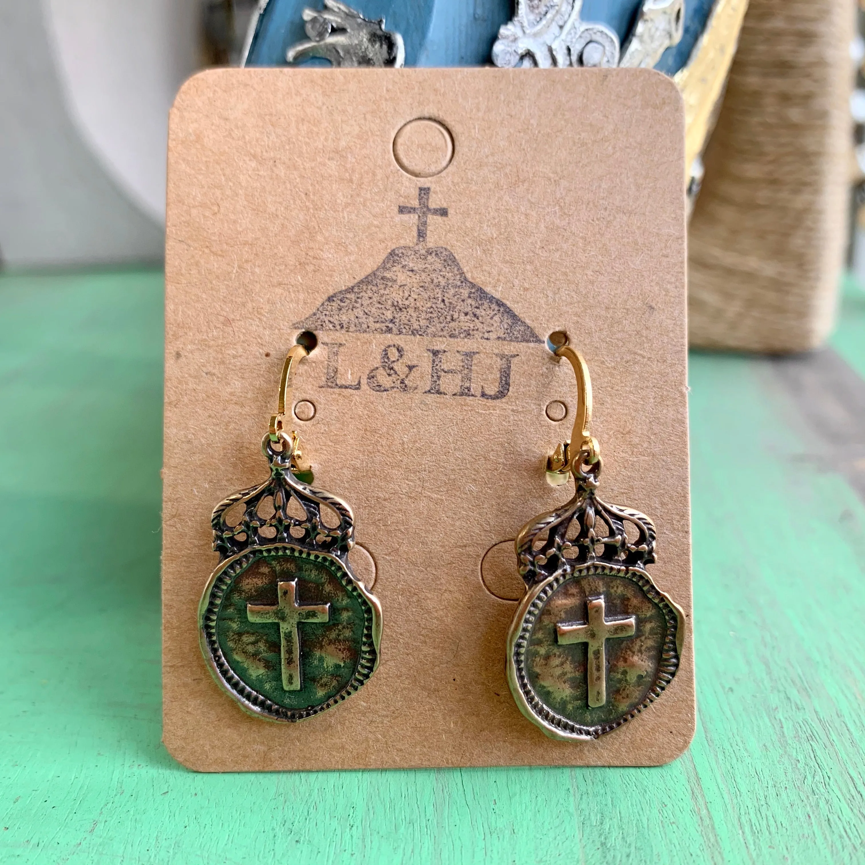 Bronze Crown Cross Earrings