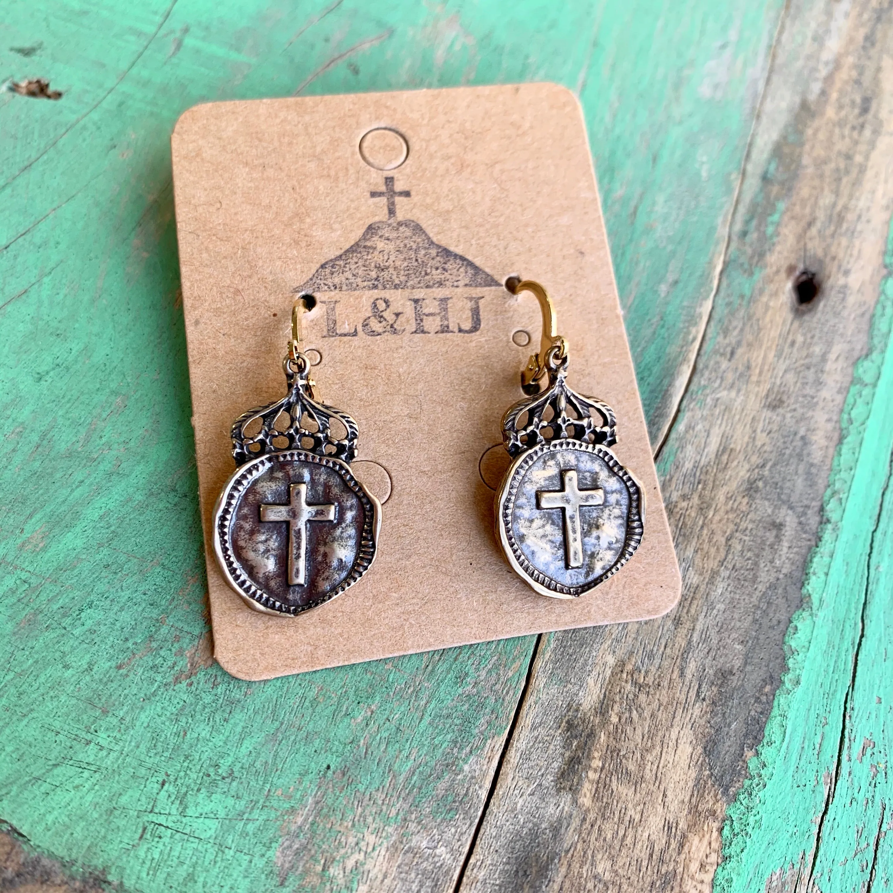 Bronze Crown Cross Earrings