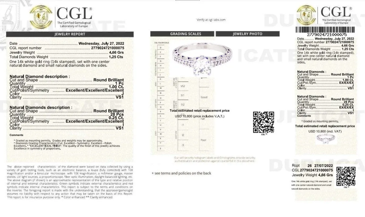 Certified 1.25CT Round Cut Diamond Engagement Ring in 14KT White Gold