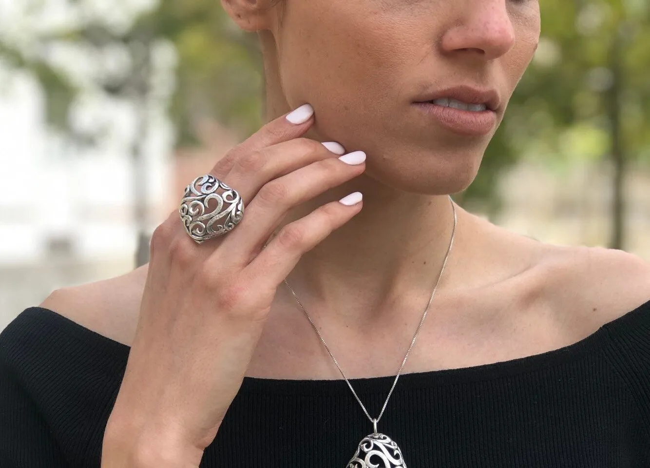 Chunky Heart Ring - Ornament Heart Ring - Statement Silver RIng