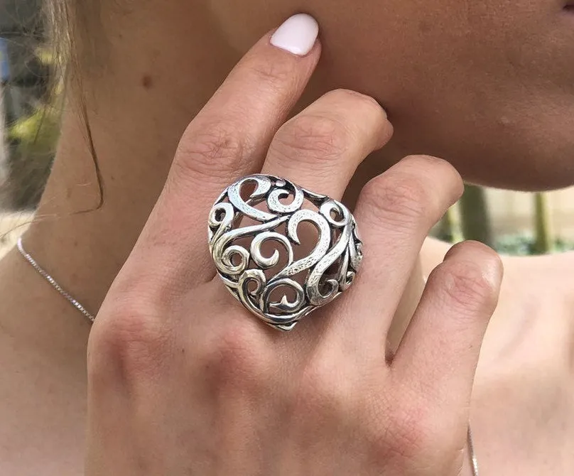 Chunky Heart Ring - Ornament Heart Ring - Statement Silver RIng
