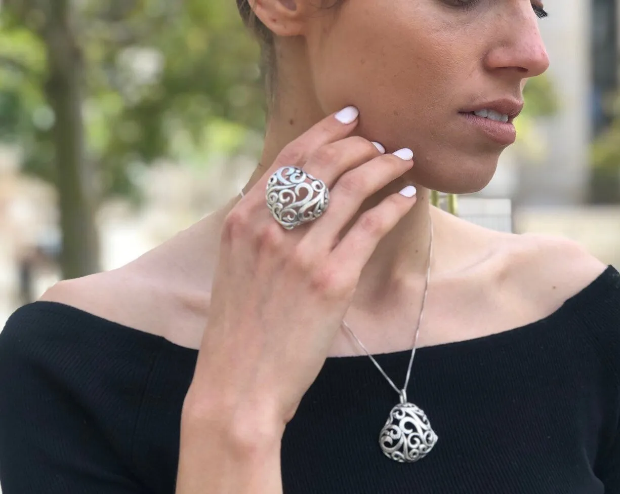 Chunky Heart Ring - Ornament Heart Ring - Statement Silver RIng