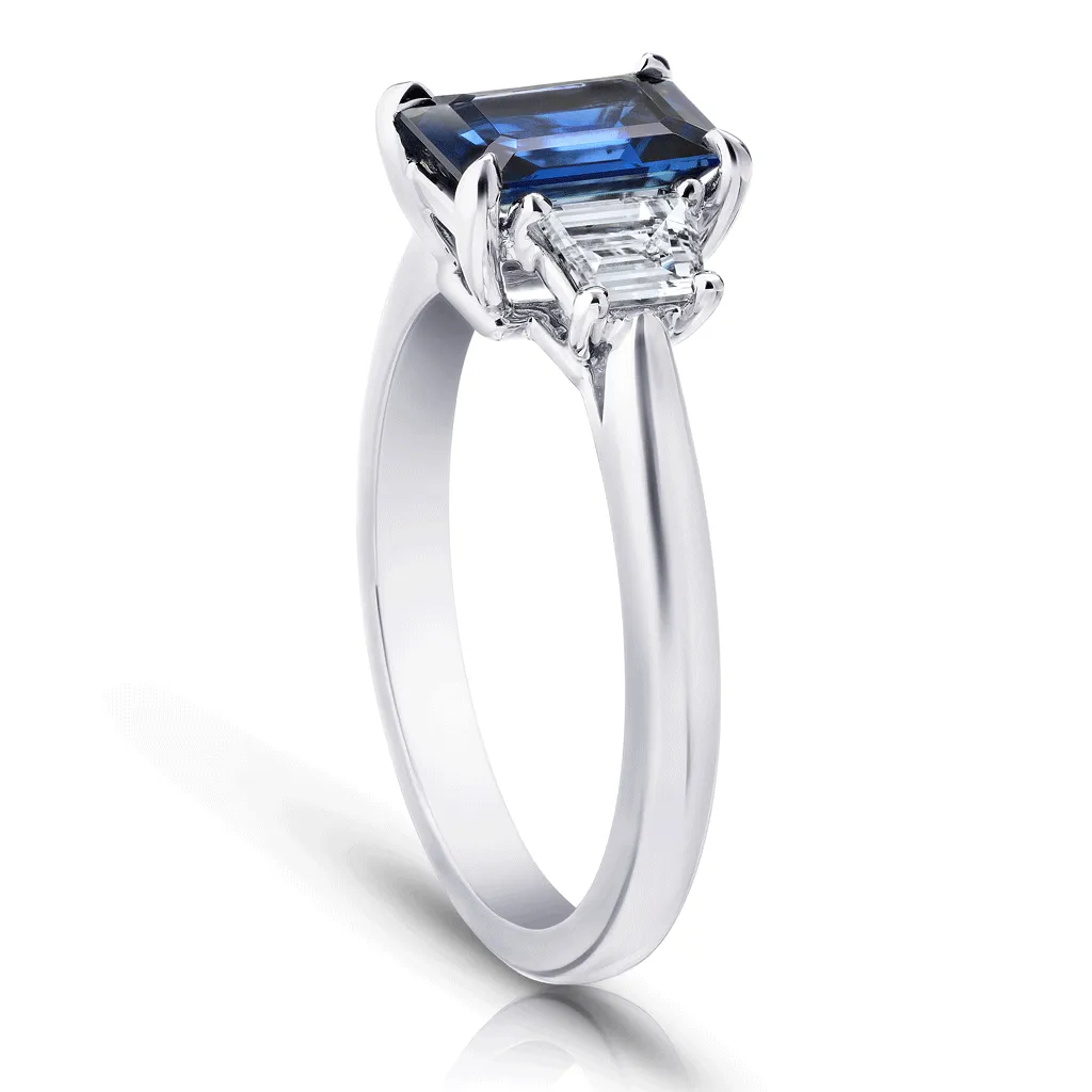 Classic Emerald Cut Blue Sapphire Three Stone Engagement Ring