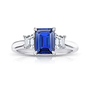 Classic Emerald Cut Blue Sapphire Three Stone Engagement Ring