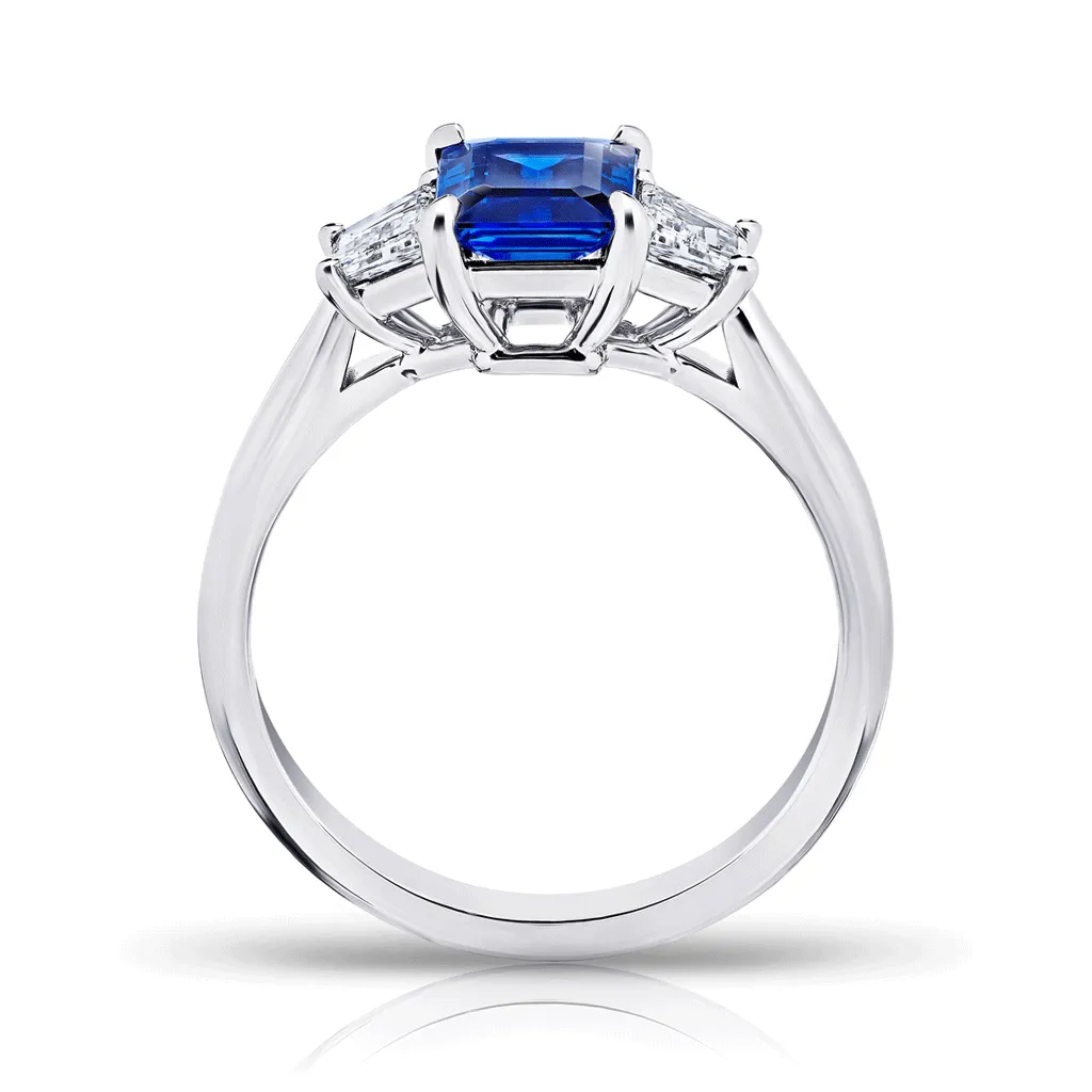 Classic Emerald Cut Blue Sapphire Three Stone Engagement Ring