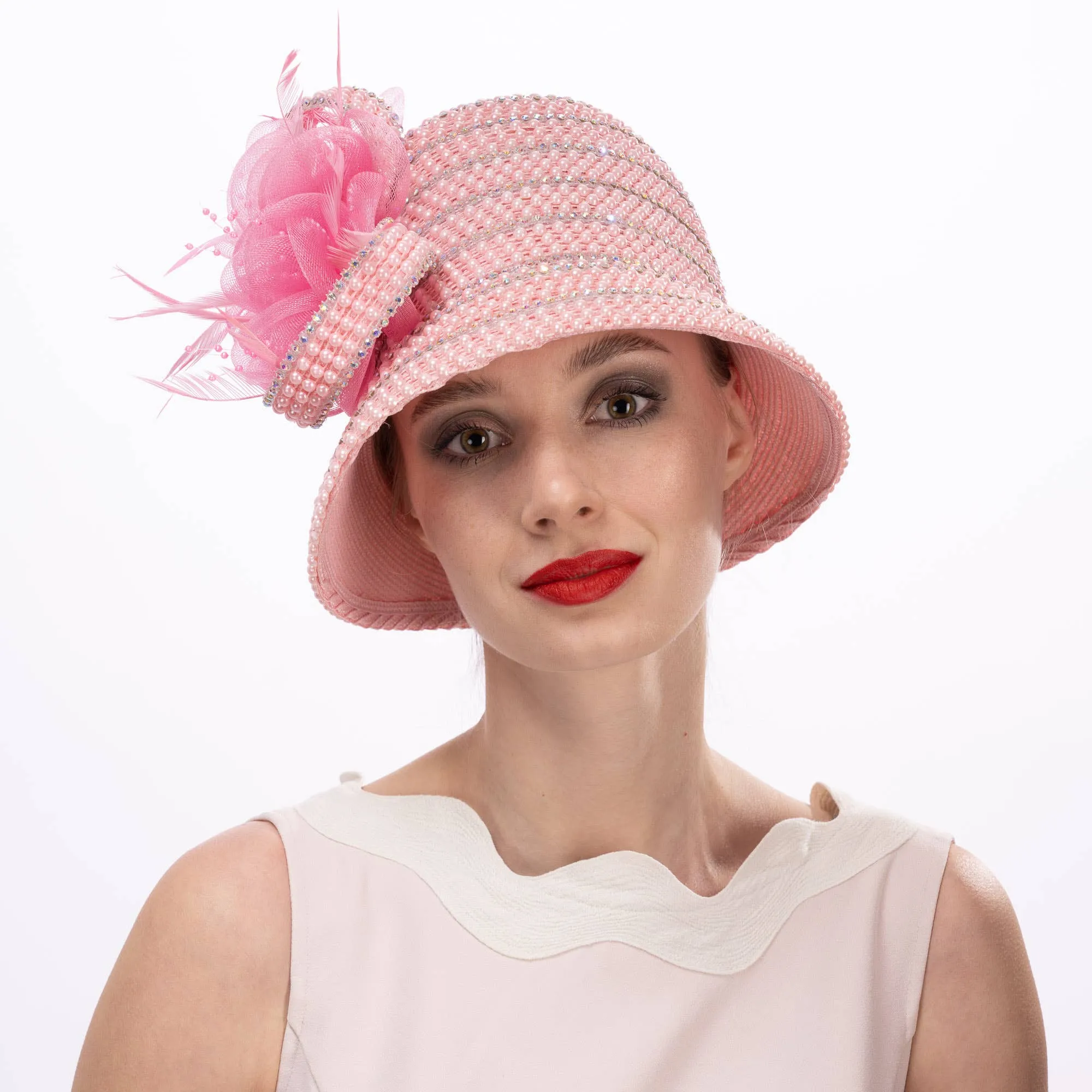 Crinoline Flower And Pearl Decorated Cloche Hat: White