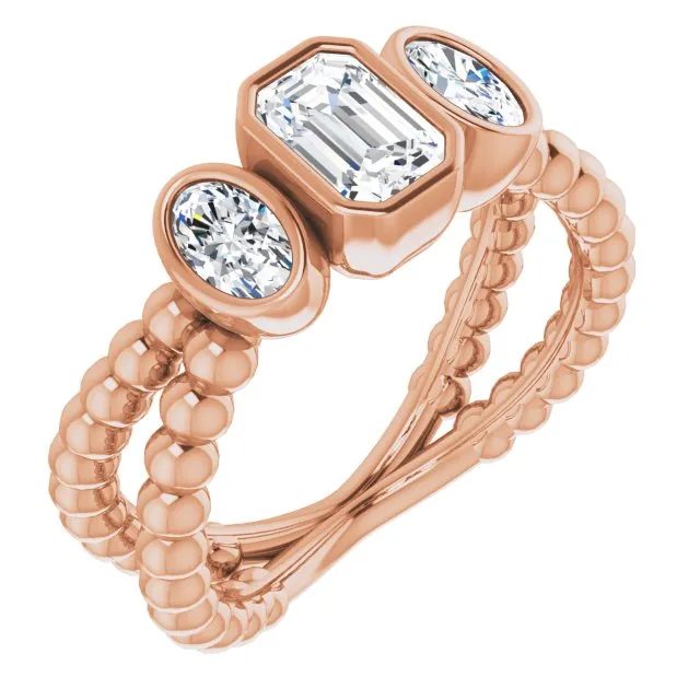 Cubic Zirconia Engagement Ring- The a'Malisa (Customizable 3-stone Radiant Cut Design with 2 Oval Cut Side Stones and Wide, Bubble-Bead Split-Band)