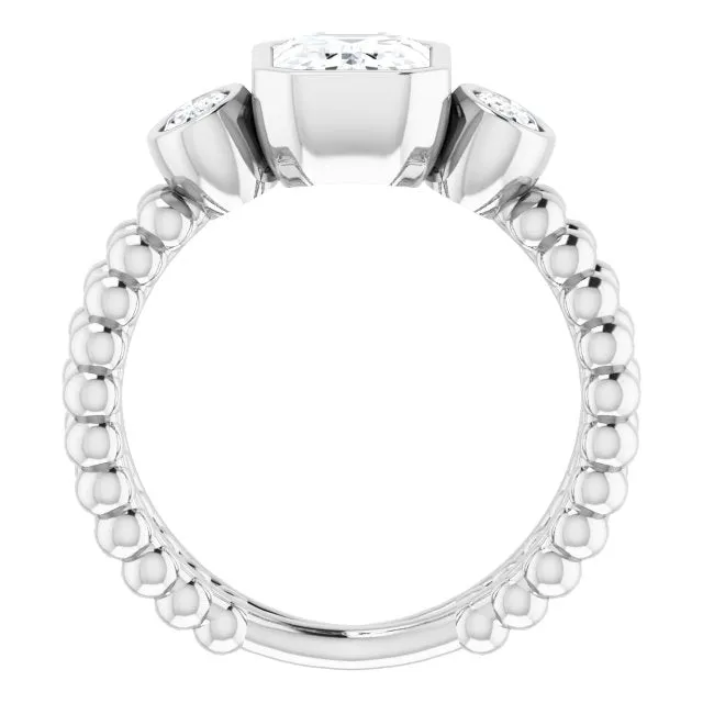 Cubic Zirconia Engagement Ring- The a'Malisa (Customizable 3-stone Radiant Cut Design with 2 Oval Cut Side Stones and Wide, Bubble-Bead Split-Band)