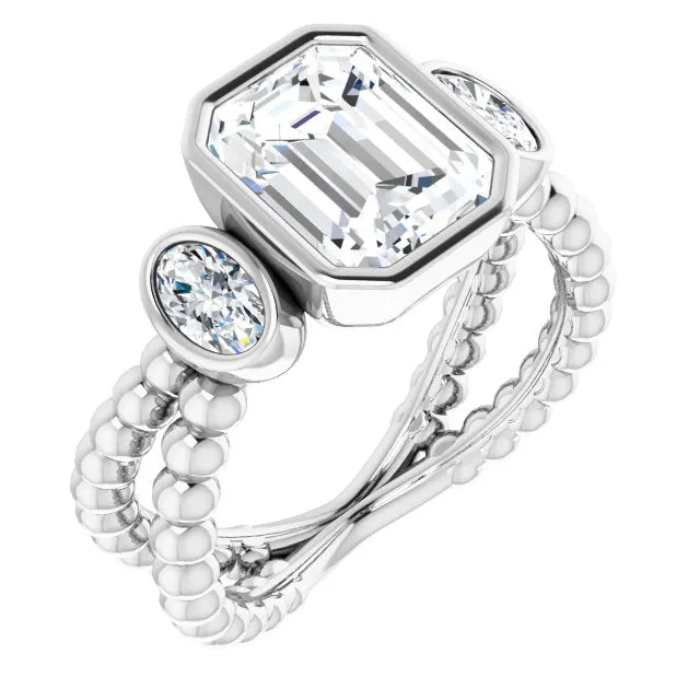 Cubic Zirconia Engagement Ring- The a'Malisa (Customizable 3-stone Radiant Cut Design with 2 Oval Cut Side Stones and Wide, Bubble-Bead Split-Band)