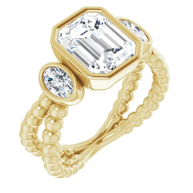 Cubic Zirconia Engagement Ring- The a'Malisa (Customizable 3-stone Radiant Cut Design with 2 Oval Cut Side Stones and Wide, Bubble-Bead Split-Band)