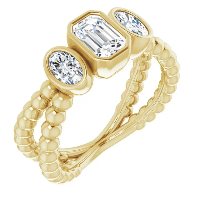 Cubic Zirconia Engagement Ring- The a'Malisa (Customizable 3-stone Radiant Cut Design with 2 Oval Cut Side Stones and Wide, Bubble-Bead Split-Band)
