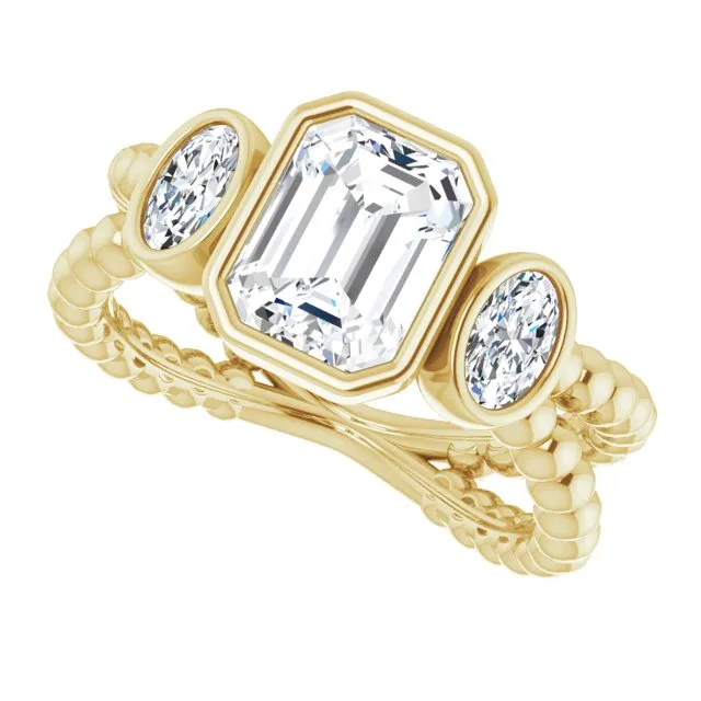 Cubic Zirconia Engagement Ring- The a'Malisa (Customizable 3-stone Radiant Cut Design with 2 Oval Cut Side Stones and Wide, Bubble-Bead Split-Band)