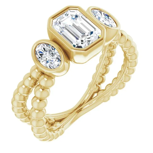 Cubic Zirconia Engagement Ring- The a'Malisa (Customizable 3-stone Radiant Cut Design with 2 Oval Cut Side Stones and Wide, Bubble-Bead Split-Band)