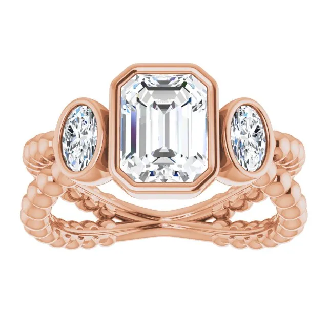 Cubic Zirconia Engagement Ring- The a'Malisa (Customizable 3-stone Radiant Cut Design with 2 Oval Cut Side Stones and Wide, Bubble-Bead Split-Band)