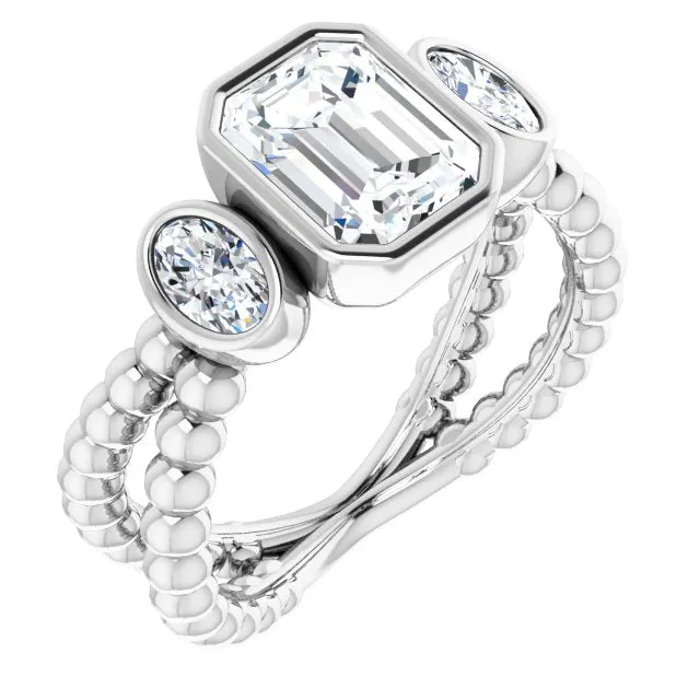 Cubic Zirconia Engagement Ring- The a'Malisa (Customizable 3-stone Radiant Cut Design with 2 Oval Cut Side Stones and Wide, Bubble-Bead Split-Band)
