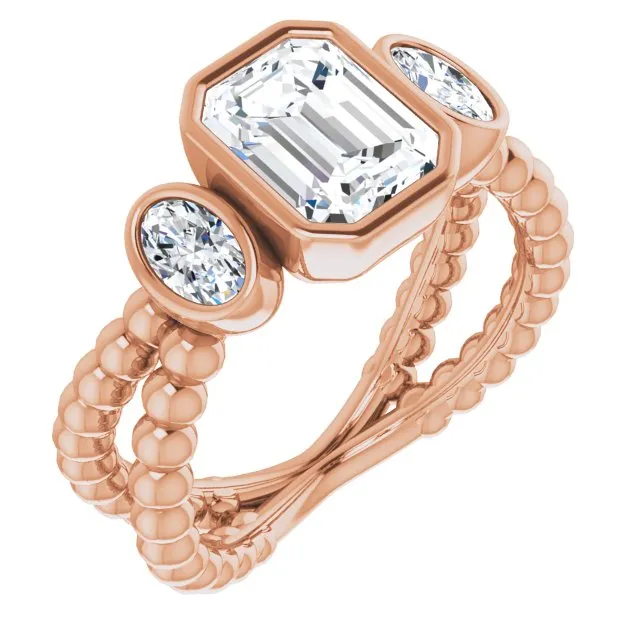 Cubic Zirconia Engagement Ring- The a'Malisa (Customizable 3-stone Radiant Cut Design with 2 Oval Cut Side Stones and Wide, Bubble-Bead Split-Band)