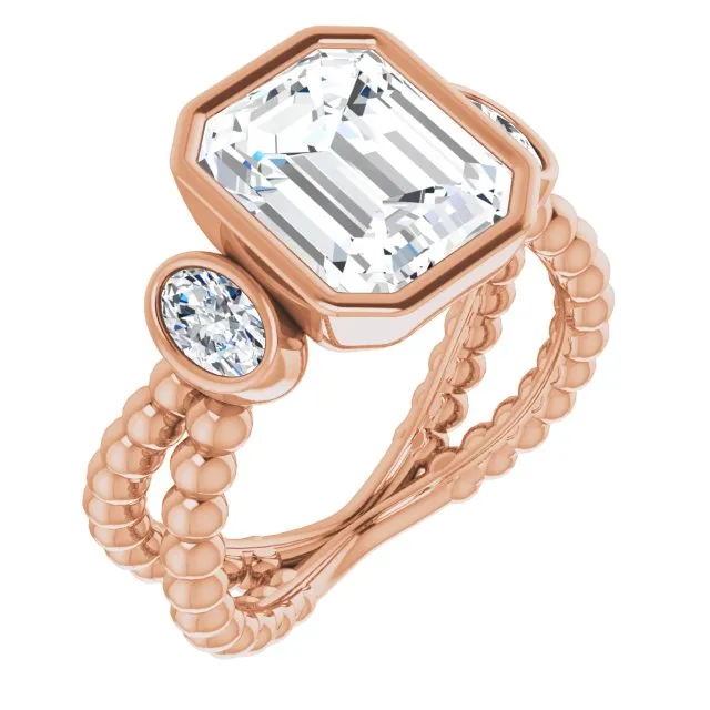 Cubic Zirconia Engagement Ring- The a'Malisa (Customizable 3-stone Radiant Cut Design with 2 Oval Cut Side Stones and Wide, Bubble-Bead Split-Band)