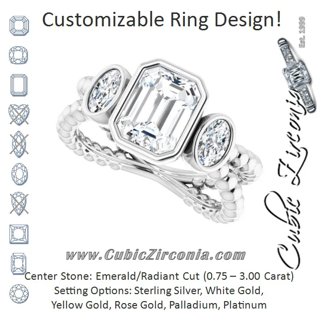 Cubic Zirconia Engagement Ring- The a'Malisa (Customizable 3-stone Radiant Cut Design with 2 Oval Cut Side Stones and Wide, Bubble-Bead Split-Band)
