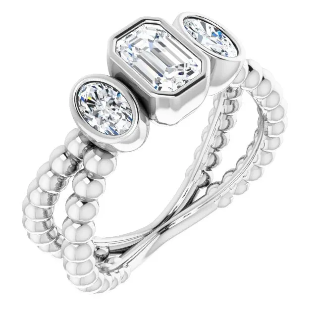 Cubic Zirconia Engagement Ring- The a'Malisa (Customizable 3-stone Radiant Cut Design with 2 Oval Cut Side Stones and Wide, Bubble-Bead Split-Band)