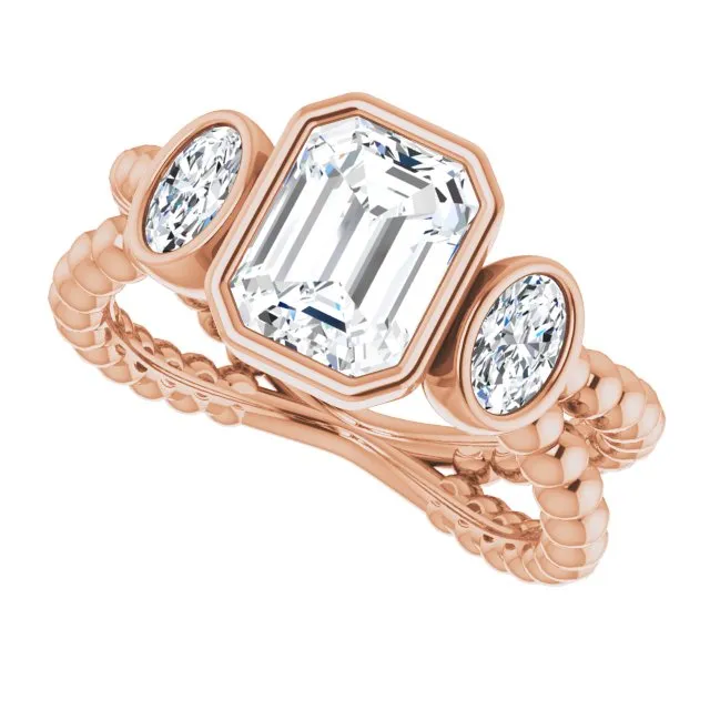 Cubic Zirconia Engagement Ring- The a'Malisa (Customizable 3-stone Radiant Cut Design with 2 Oval Cut Side Stones and Wide, Bubble-Bead Split-Band)