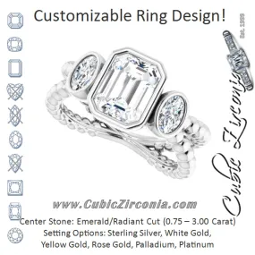 Cubic Zirconia Engagement Ring- The a'Malisa (Customizable 3-stone Radiant Cut Design with 2 Oval Cut Side Stones and Wide, Bubble-Bead Split-Band)