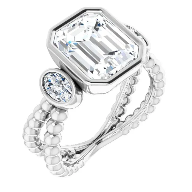 Cubic Zirconia Engagement Ring- The a'Malisa (Customizable 3-stone Radiant Cut Design with 2 Oval Cut Side Stones and Wide, Bubble-Bead Split-Band)