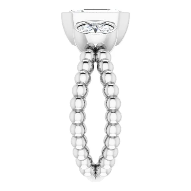 Cubic Zirconia Engagement Ring- The a'Malisa (Customizable 3-stone Radiant Cut Design with 2 Oval Cut Side Stones and Wide, Bubble-Bead Split-Band)
