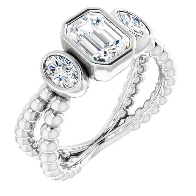 Cubic Zirconia Engagement Ring- The a'Malisa (Customizable 3-stone Radiant Cut Design with 2 Oval Cut Side Stones and Wide, Bubble-Bead Split-Band)