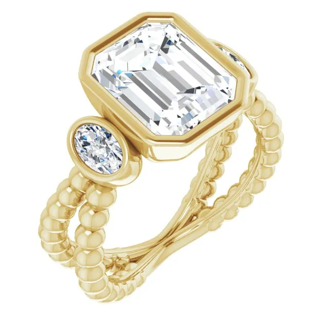 Cubic Zirconia Engagement Ring- The a'Malisa (Customizable 3-stone Radiant Cut Design with 2 Oval Cut Side Stones and Wide, Bubble-Bead Split-Band)