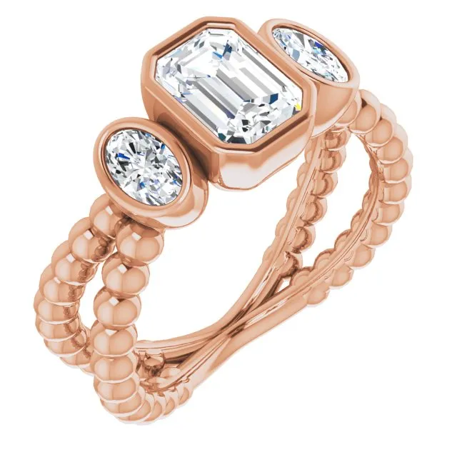 Cubic Zirconia Engagement Ring- The a'Malisa (Customizable 3-stone Radiant Cut Design with 2 Oval Cut Side Stones and Wide, Bubble-Bead Split-Band)