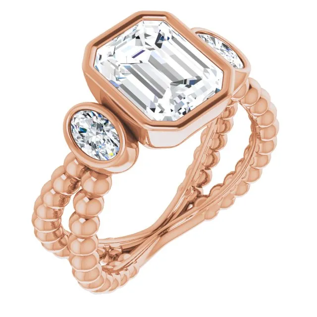 Cubic Zirconia Engagement Ring- The a'Malisa (Customizable 3-stone Radiant Cut Design with 2 Oval Cut Side Stones and Wide, Bubble-Bead Split-Band)