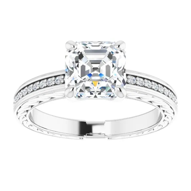 Cubic Zirconia Engagement Ring- The Angie (Customizable Asscher Cut Design with Rope-Filigree Hammered Inlay & Round Channel Accents)