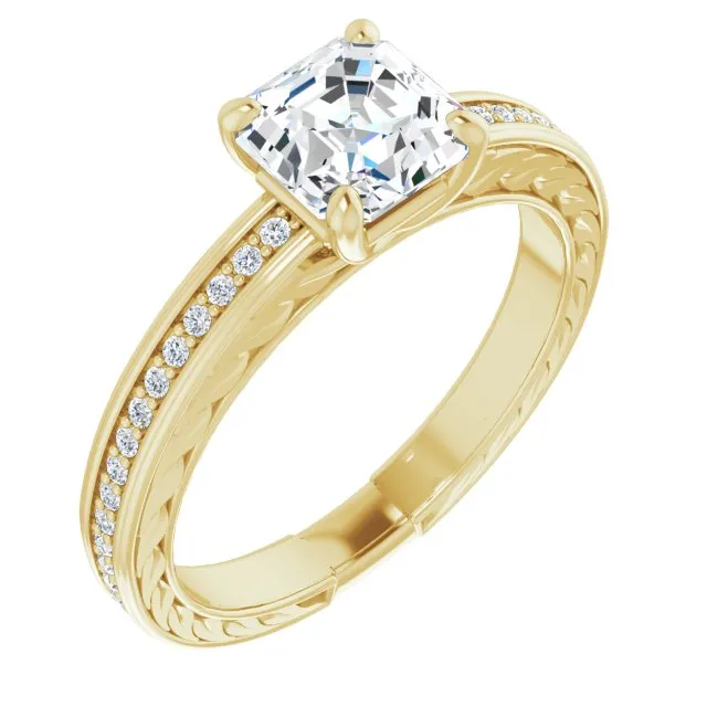 Cubic Zirconia Engagement Ring- The Angie (Customizable Asscher Cut Design with Rope-Filigree Hammered Inlay & Round Channel Accents)