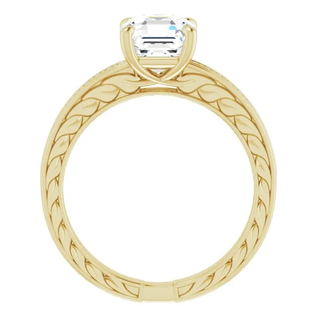Cubic Zirconia Engagement Ring- The Angie (Customizable Asscher Cut Design with Rope-Filigree Hammered Inlay & Round Channel Accents)