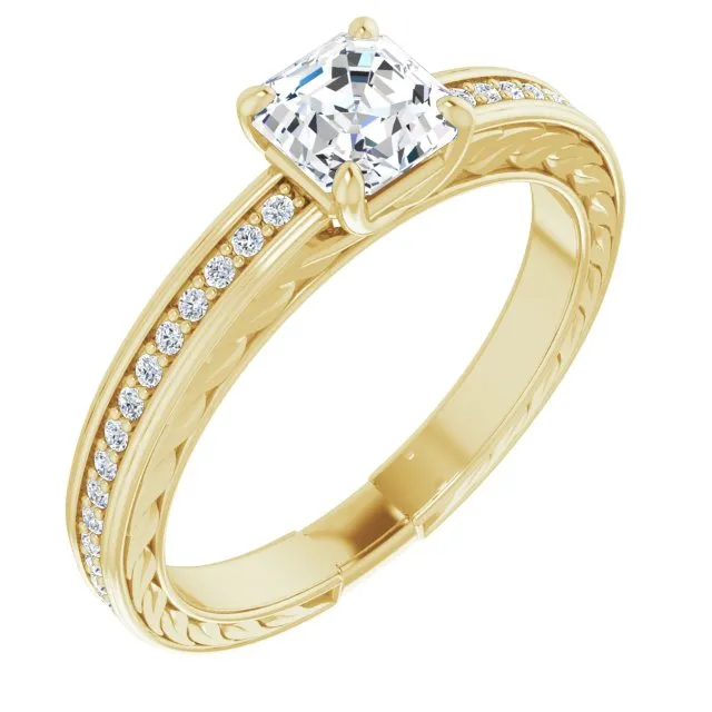 Cubic Zirconia Engagement Ring- The Angie (Customizable Asscher Cut Design with Rope-Filigree Hammered Inlay & Round Channel Accents)