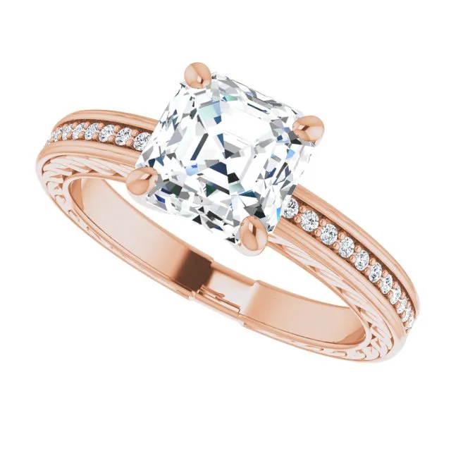 Cubic Zirconia Engagement Ring- The Angie (Customizable Asscher Cut Design with Rope-Filigree Hammered Inlay & Round Channel Accents)