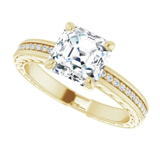 Cubic Zirconia Engagement Ring- The Angie (Customizable Asscher Cut Design with Rope-Filigree Hammered Inlay & Round Channel Accents)