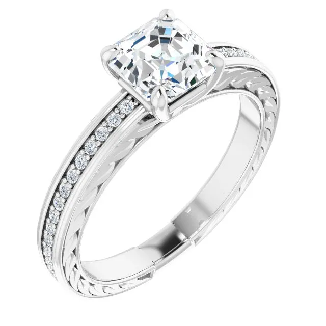Cubic Zirconia Engagement Ring- The Angie (Customizable Asscher Cut Design with Rope-Filigree Hammered Inlay & Round Channel Accents)