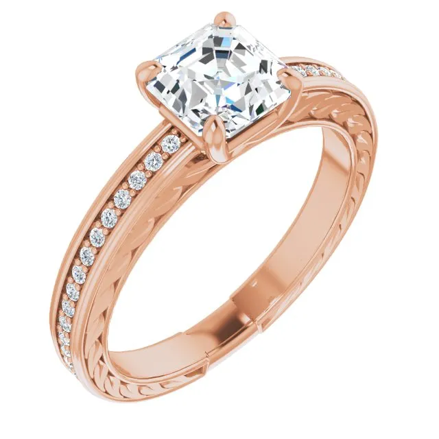Cubic Zirconia Engagement Ring- The Angie (Customizable Asscher Cut Design with Rope-Filigree Hammered Inlay & Round Channel Accents)