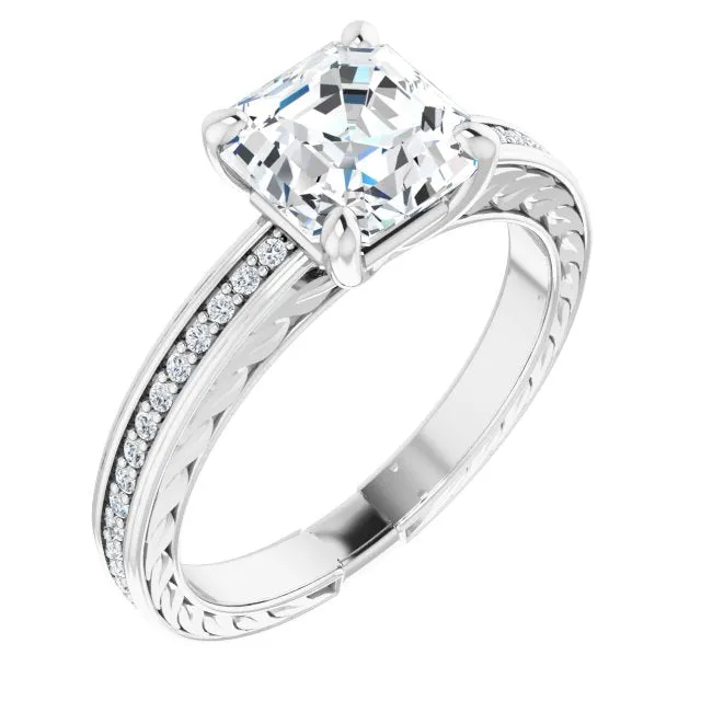 Cubic Zirconia Engagement Ring- The Angie (Customizable Asscher Cut Design with Rope-Filigree Hammered Inlay & Round Channel Accents)