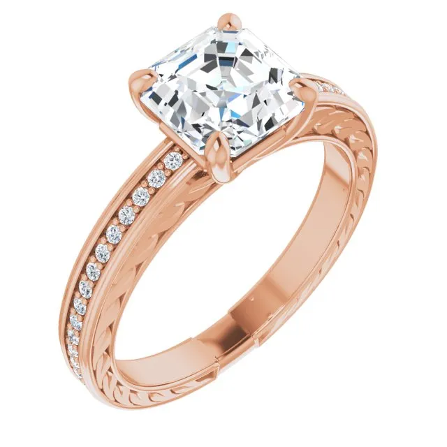 Cubic Zirconia Engagement Ring- The Angie (Customizable Asscher Cut Design with Rope-Filigree Hammered Inlay & Round Channel Accents)