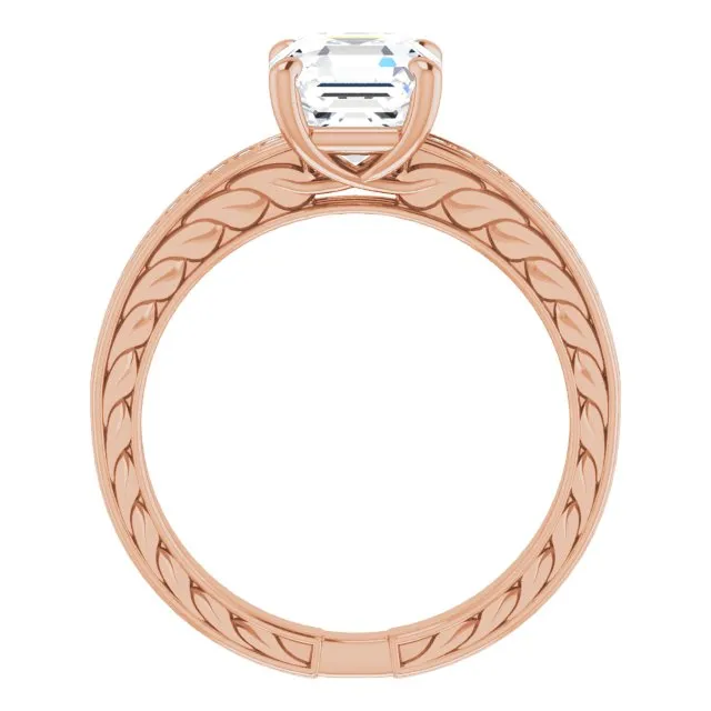 Cubic Zirconia Engagement Ring- The Angie (Customizable Asscher Cut Design with Rope-Filigree Hammered Inlay & Round Channel Accents)