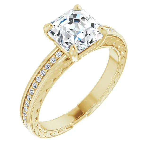 Cubic Zirconia Engagement Ring- The Angie (Customizable Asscher Cut Design with Rope-Filigree Hammered Inlay & Round Channel Accents)