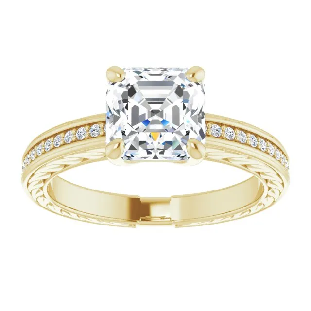 Cubic Zirconia Engagement Ring- The Angie (Customizable Asscher Cut Design with Rope-Filigree Hammered Inlay & Round Channel Accents)