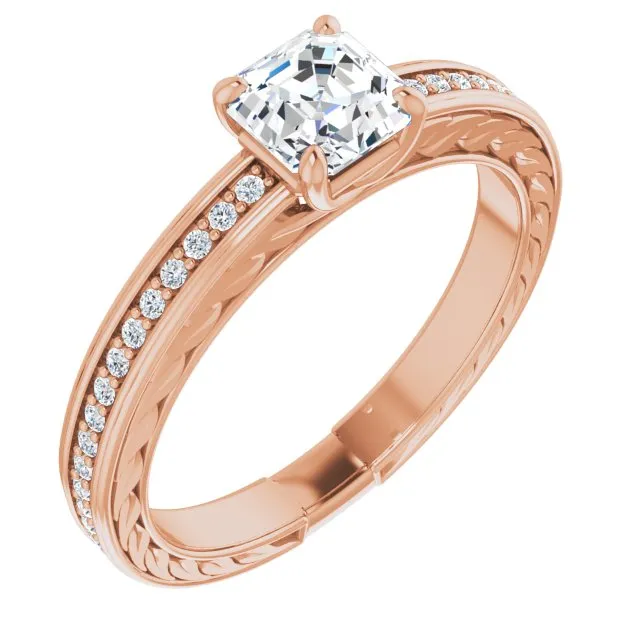 Cubic Zirconia Engagement Ring- The Angie (Customizable Asscher Cut Design with Rope-Filigree Hammered Inlay & Round Channel Accents)